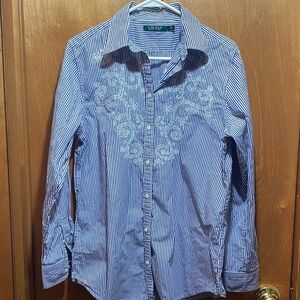 Women’s Ralph Lauren Large Blue and White Striped Button Down Shirt